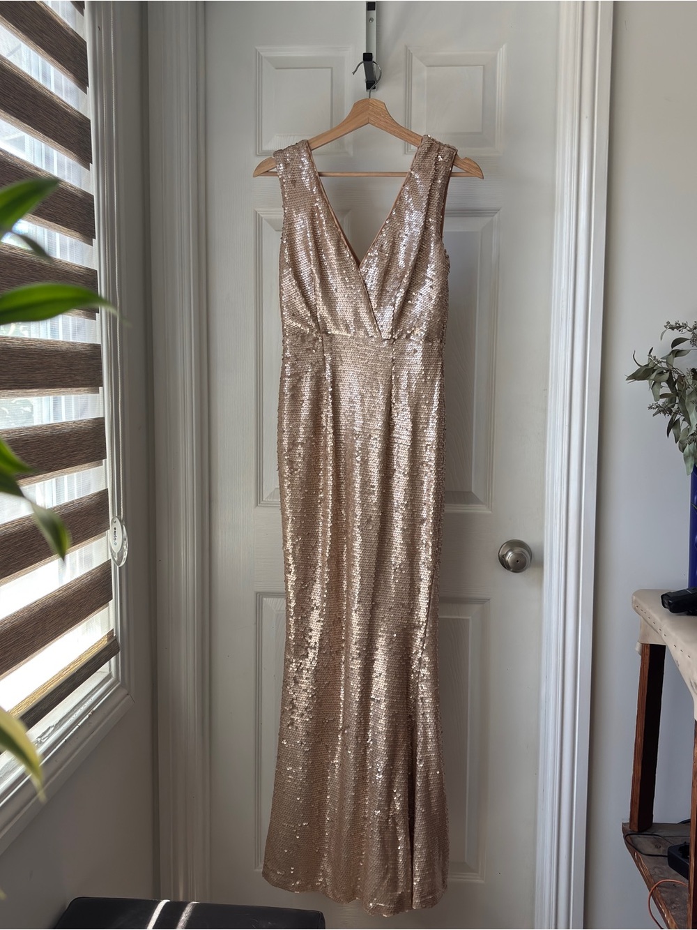 Sequin V-Neck Evening Gown in Champagne